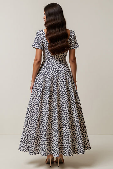 White Blue Flower A Line Square Neck Maxi Dress